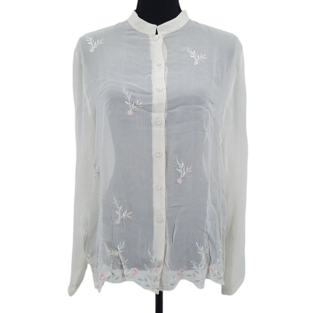 VTG 80s Smithsonian Institution Sheer Chiffon Embroidered Scalloped Hem Blouse M - Picture 11 of 11